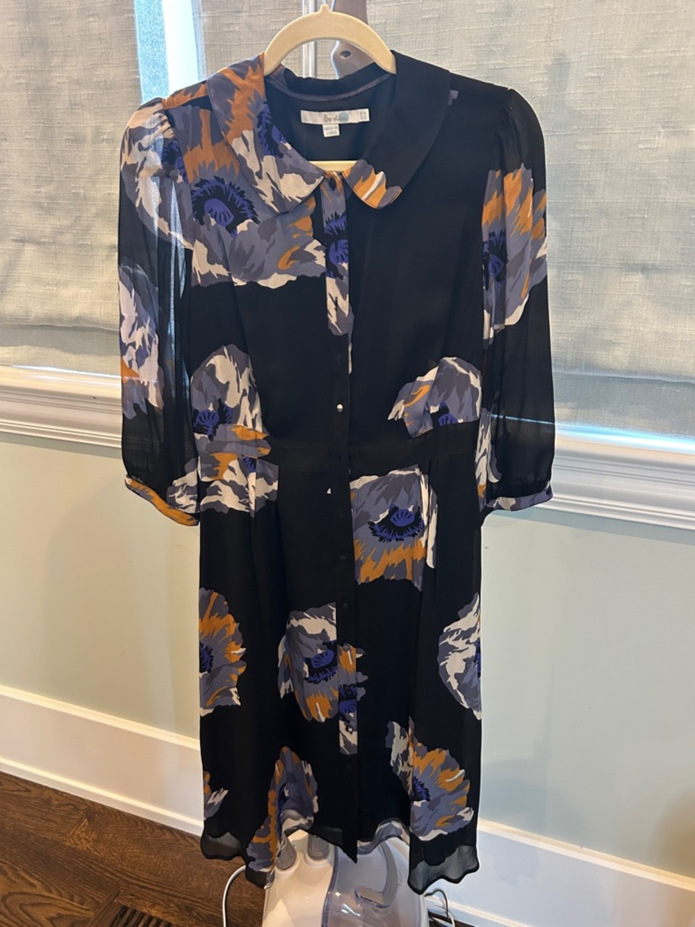 Boden Black Midi Dress with Blue and Mustard Floral Print